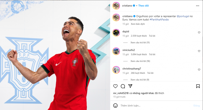 Cristiano Ronaldo tự hào kỷ lục triệu tập 6 lần vào đội tuyển Bồ Đào Nha cho Euro trên trang cá nhân